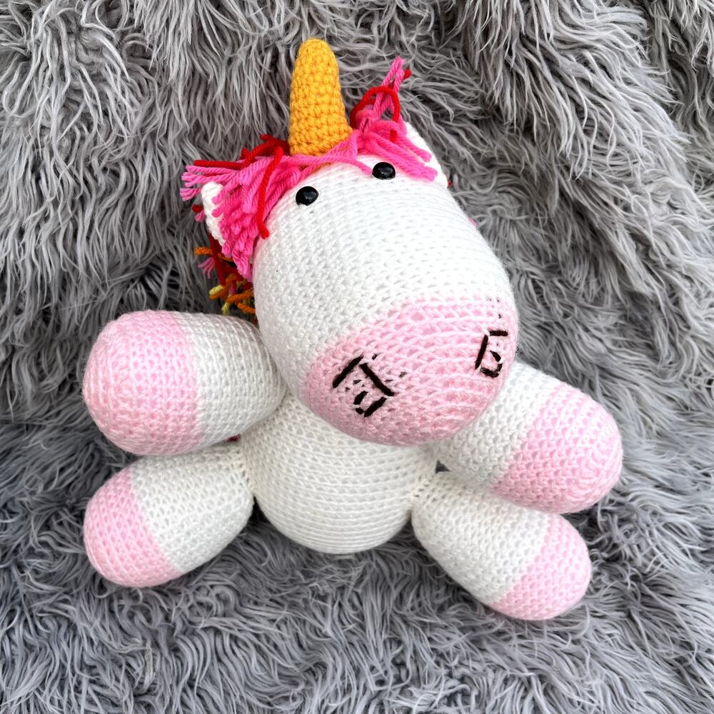 Handmade Rainbow Cuddles Crochet Unicorn Stuffed Animal Plush White Curly Q Tail